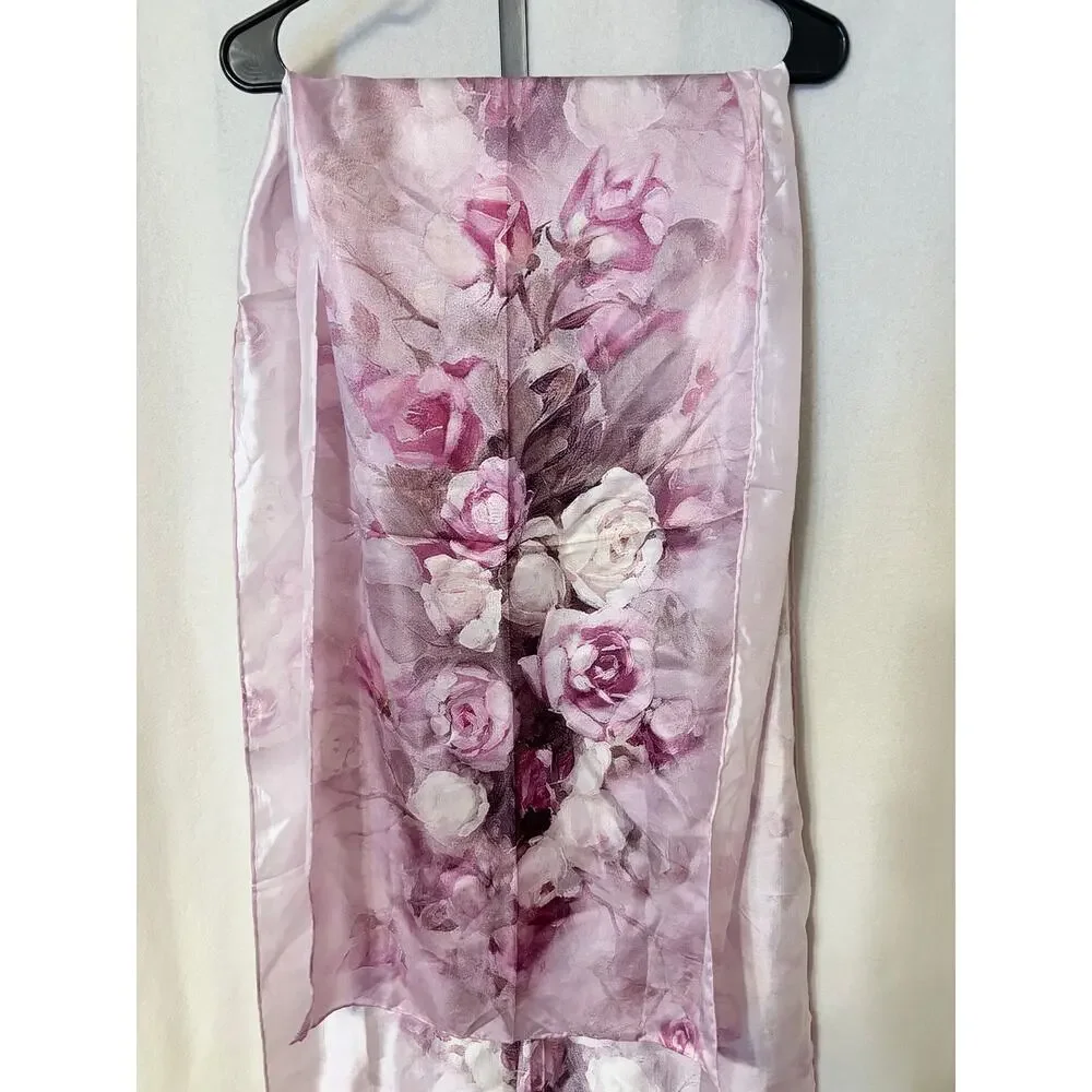 VTG 100% Silk Painterly Floral Bouquet Scarf Pink & White Roses Long Wrap